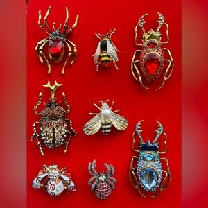 SOLD Anthropologie Insect Brooch Set - Red, Gold, Silver, Blue
